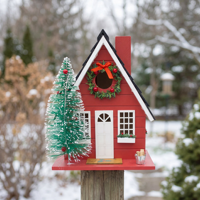 Home Bazaar Festive Lodge Birdhouse with LEDs, Red