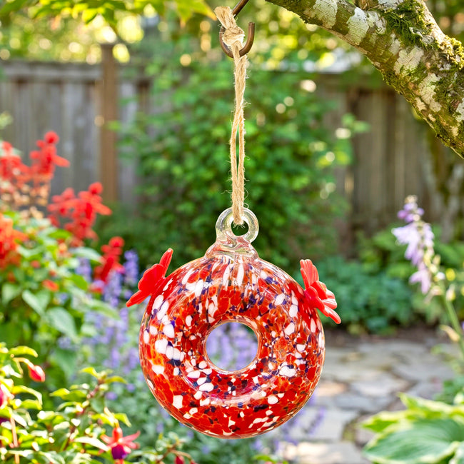Round Red Glass Double Hummingbird Feeder, Glass