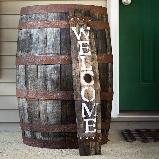 Barrel Sign Post Amish-Made Whiskey Barrel Porch Sign, Welcome – BirdYard Direct